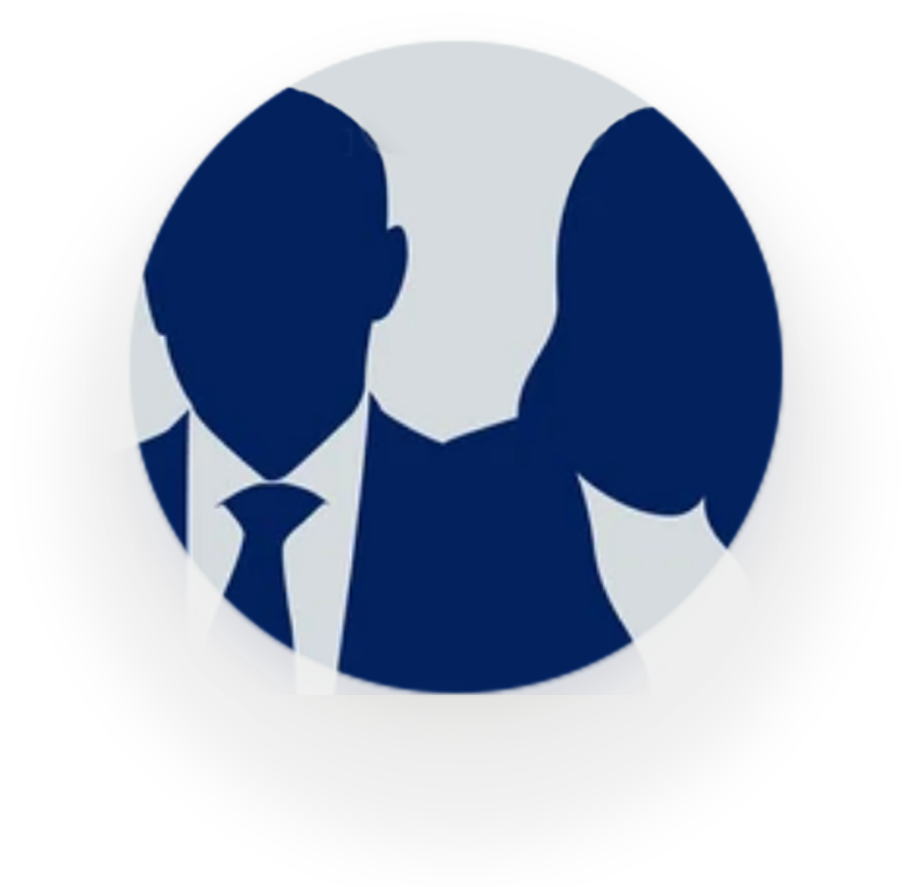 A blue button with a silhouette of a man and a woman.
